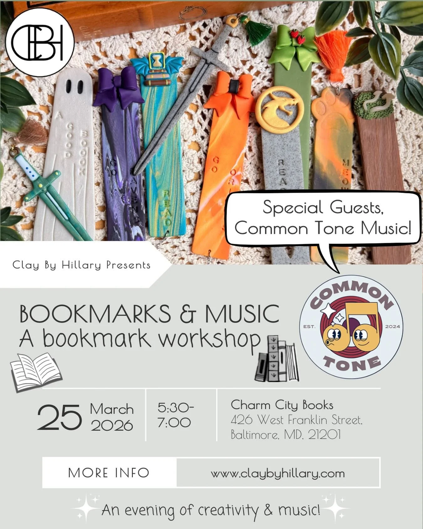 Want to make your own bookmark while listening to tunes from @commontonemusic and while surrounded by the books of @charmcitybooks ?? If this sounds like your vibe, you can find tickets using the link in my bio!