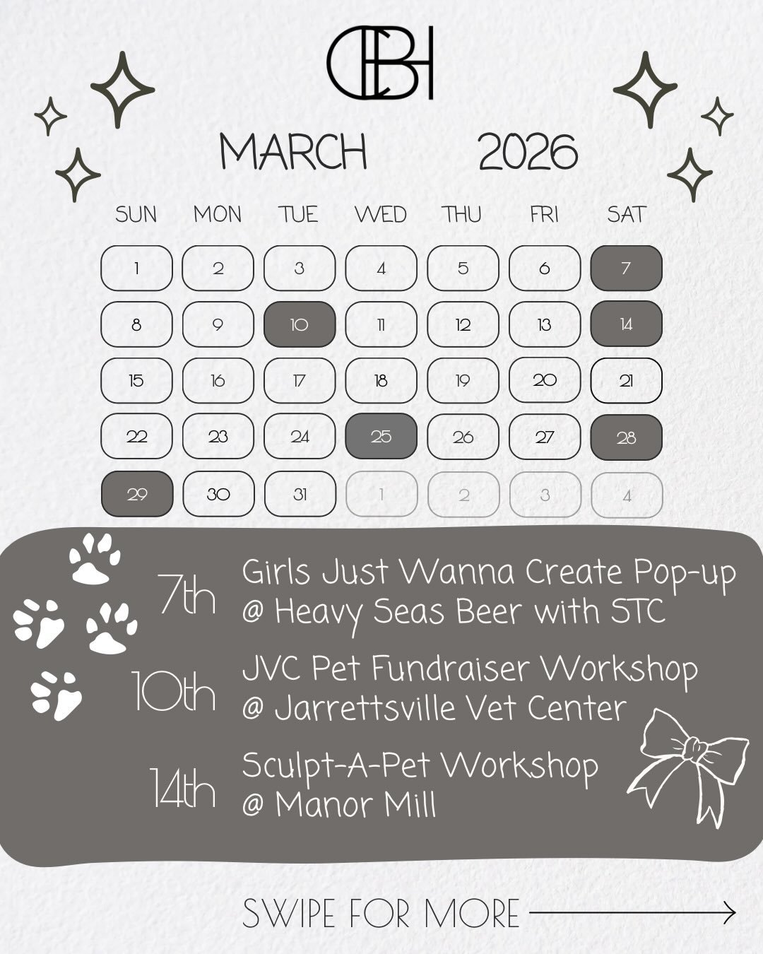 March is full of fun events! ☘️
👯&zwj;♀️March 7th - 𝗚𝗶𝗿𝗹𝘀 𝗝𝘂𝘀𝘁 𝗪𝗮𝗻𝗻𝗮 𝗖𝗿𝗲𝗮𝘁𝗲 𝗣𝗼𝗽-𝘂𝗽 with @strongertogethercollab at @heavyseasbeer from 12-5. 
🐱March 10th - 𝗝𝗩𝗖 𝗣𝗲𝘁 𝗙𝘂𝗻𝗱𝗿𝗮𝗶𝘀𝗲𝗿 𝗪𝗼𝗿𝗸𝘀𝗵𝗼𝗽 @jarrettsvillev