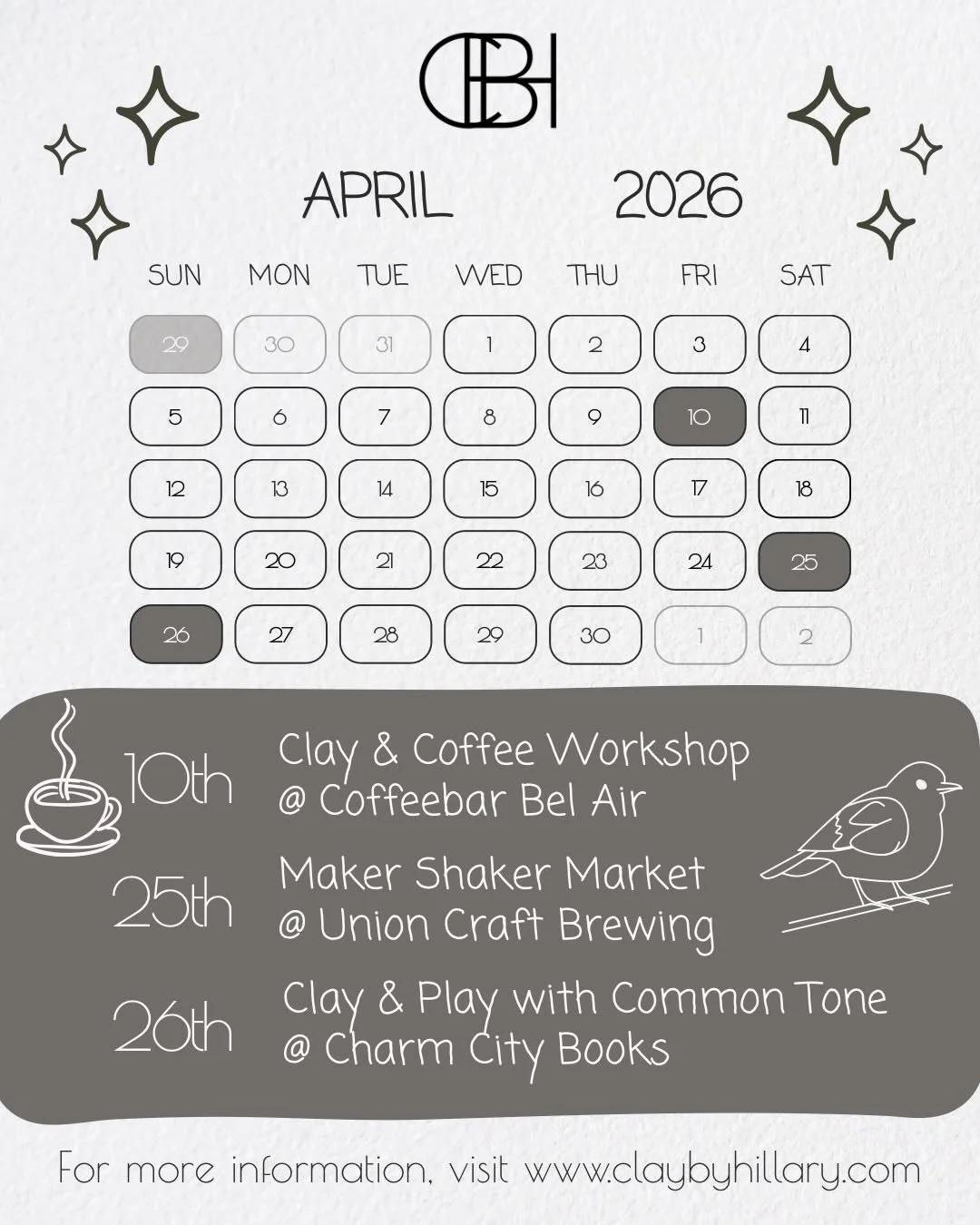 I&rsquo;ll be busy most of April with family and friend plans, but I&rsquo;ve got a few fun events queued up!
☕️April 10th - 𝗖𝗼𝗳𝗳𝗲𝗲 &amp; 𝗖𝗹𝗮𝘆 𝗪𝗼𝗿𝗸𝘀𝗵𝗼𝗽 at @coffeebar_belair from 6-8pm. 
💐April 25th - 𝗠𝗮𝗸𝗲𝗿 𝗦𝗵𝗮𝗸𝗲𝗿 𝗖𝗿𝗮?