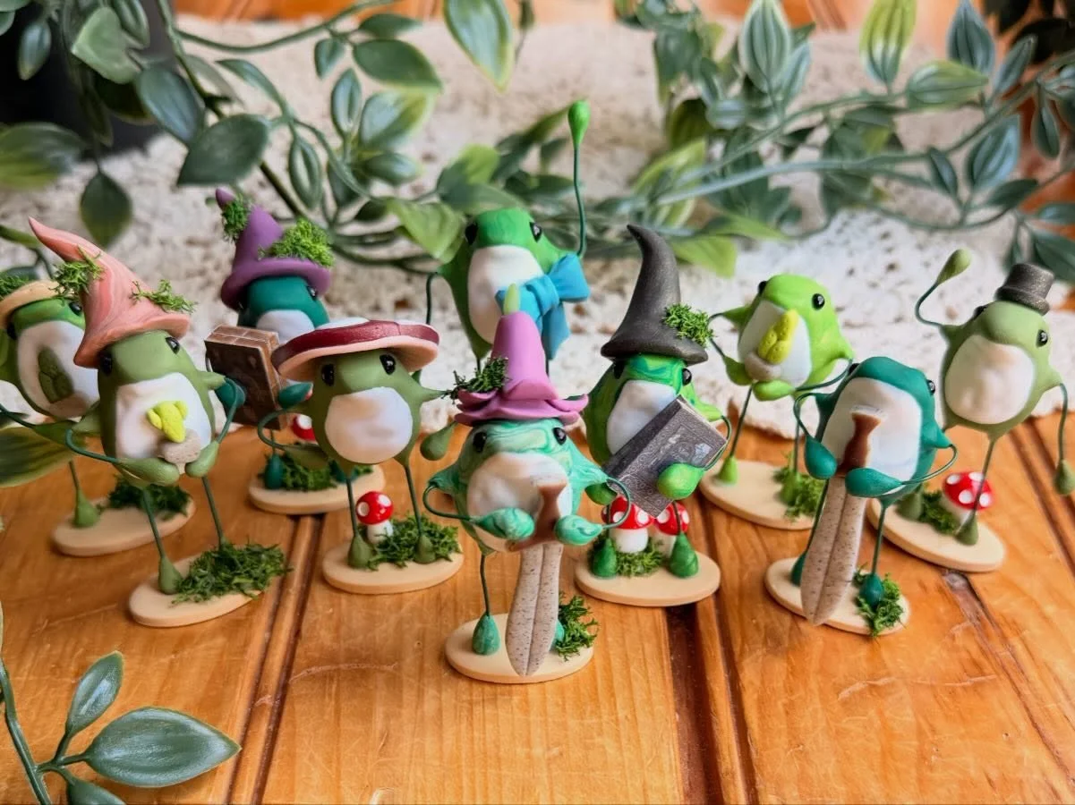 FROGS ARE COMING. You&rsquo;ll be able to find these beauties at @oddbellefrederick in April, including their new mascot, Bramble! 🐸