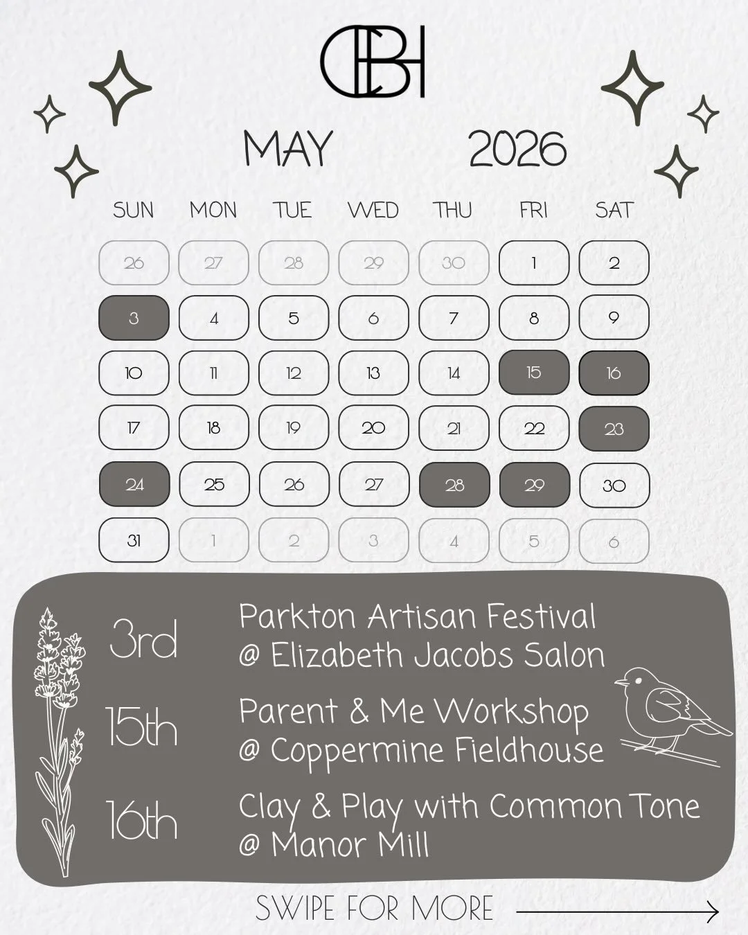 How is it ALREADY gonna be MAY?!
Very excited for this lineup - 
🌷May 3rd - 𝗣𝗮𝗿𝗸𝘁𝗼𝗻 𝗔𝗿𝘁𝗶𝘀𝗮𝗻 𝗙𝗲𝘀𝘁𝗶𝘃𝗮𝗹 at @elizabethjacobsalon from 10-4pm. 
🐦&zwj;⬛May 15th - 𝗣𝗮𝗿𝗲𝗻𝘁 &amp; 𝗠𝗲 𝗣𝗼𝗽 𝗨𝗽 with @therese.lynch.creates at @c