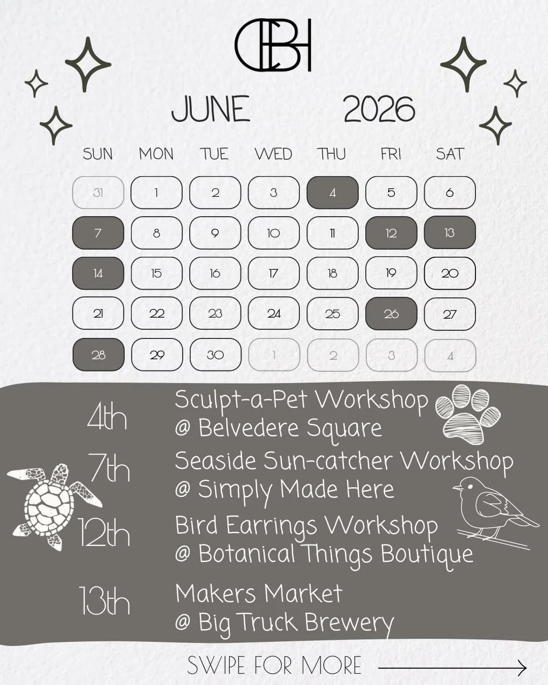 Hello Summer! Check out June&rsquo;s schedule:
🐾 June 4th - 𝗦𝗰𝘂𝗹𝗽𝘁-𝗔-𝗣𝗲𝘁 𝗪𝗼𝗿𝗸𝘀𝗵𝗼𝗽 @bsqbaltimore from 6-8:30pm. 
🦀 June 7th - 𝗦𝗲𝗮𝘀𝗶𝗱𝗲 𝗦𝘂𝗻-𝗰𝗮𝘁𝗰𝗵𝗲𝗿 𝗪𝗼𝗿𝗸𝘀𝗵𝗼𝗽 @simplymadehere from 12:00-2:00pm. 
🪺 June 12th - 