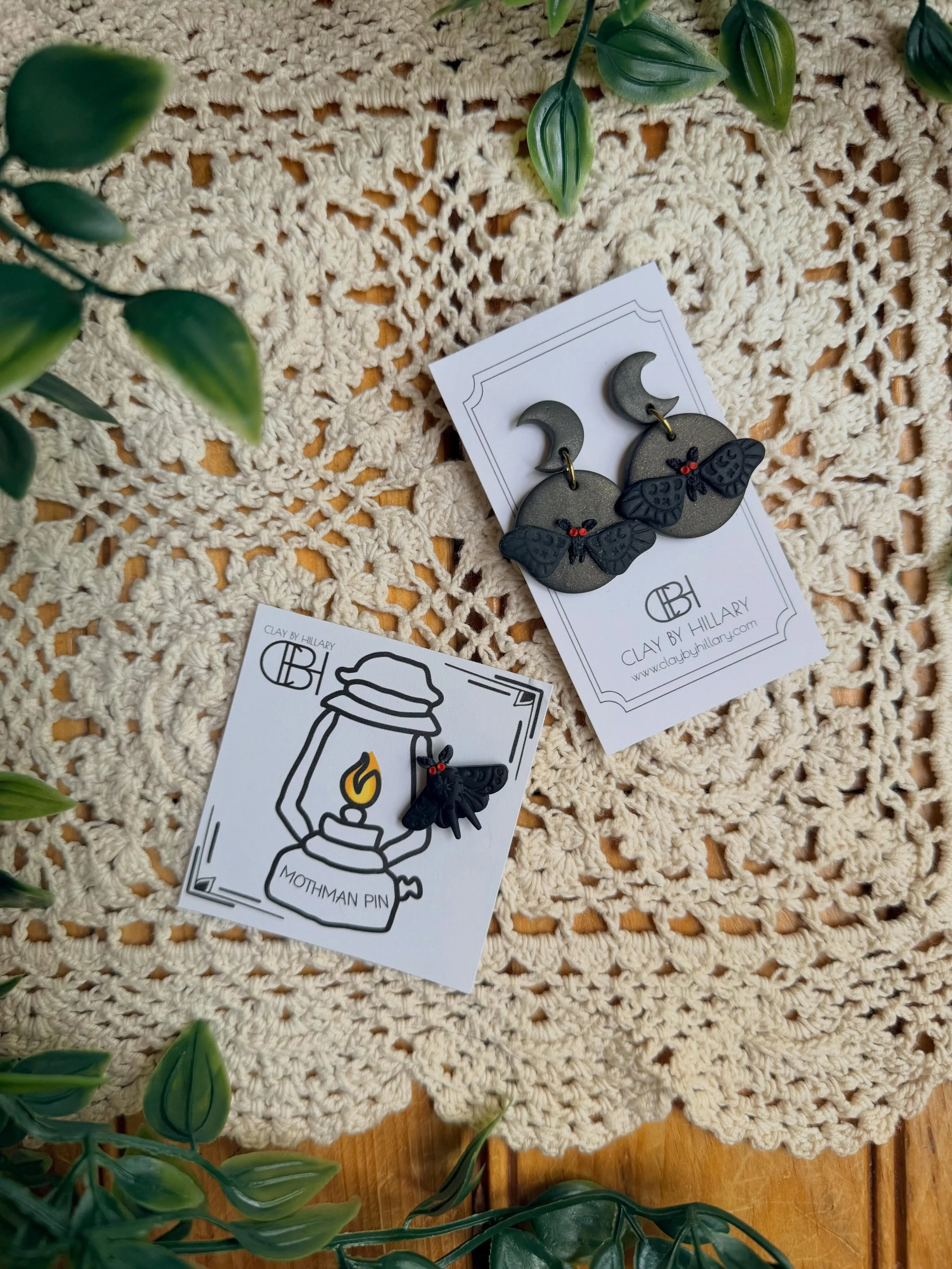 I&rsquo;m still working on restocking a Motthew army for my shop and @oddbellefrederick but here are some new Mothman designs in the meantime! You can find them on my website under singular pins and summer earrings. 🔴_🔴