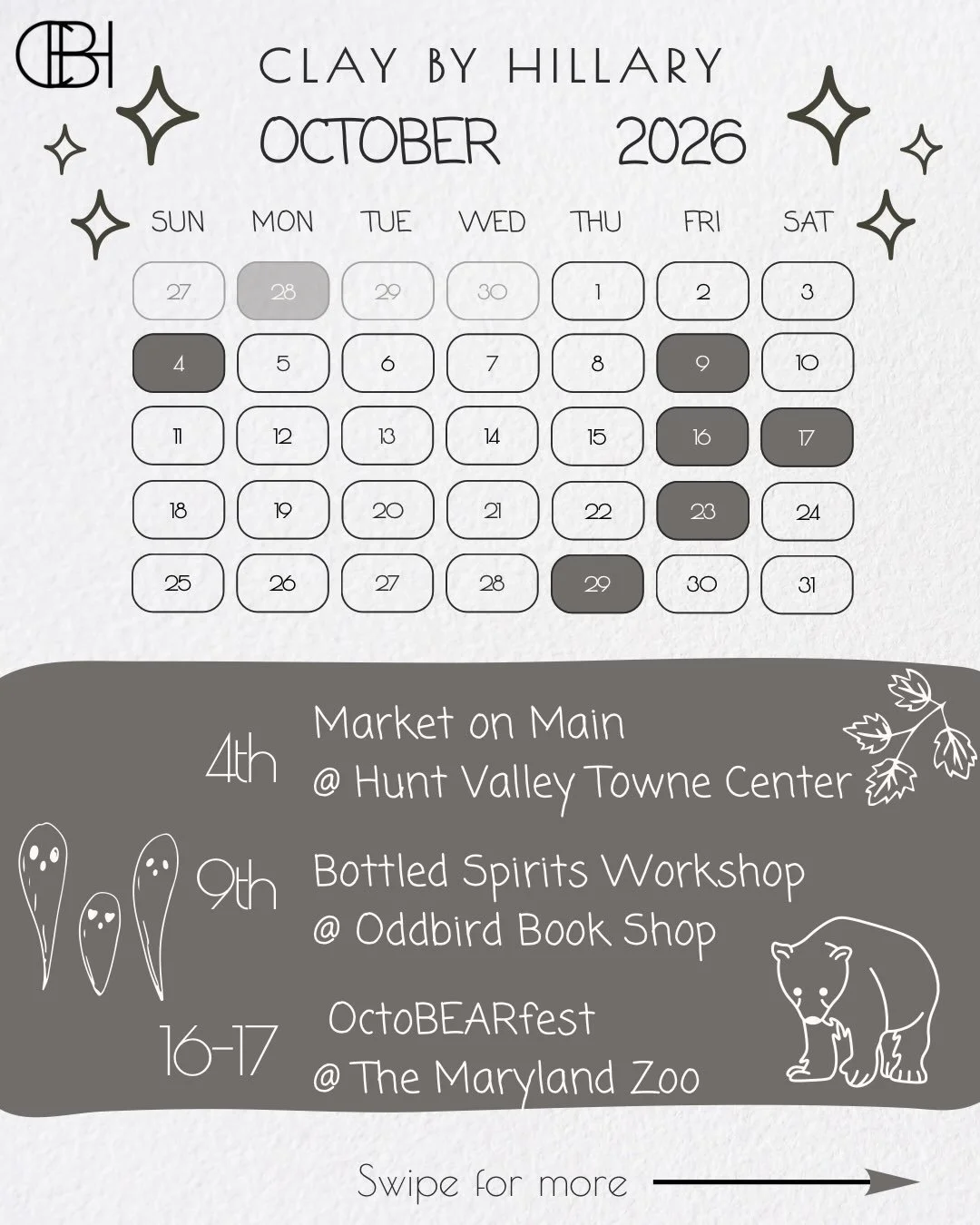 Spooky Season is upon us! Swipe for more info on each event 🎃
For tickets &amp; more information, click the link in my bio ✨

Spooky Season is upon us! Swipe for more info on each event 🎃
For tickets &amp; more information, click the link in my bio