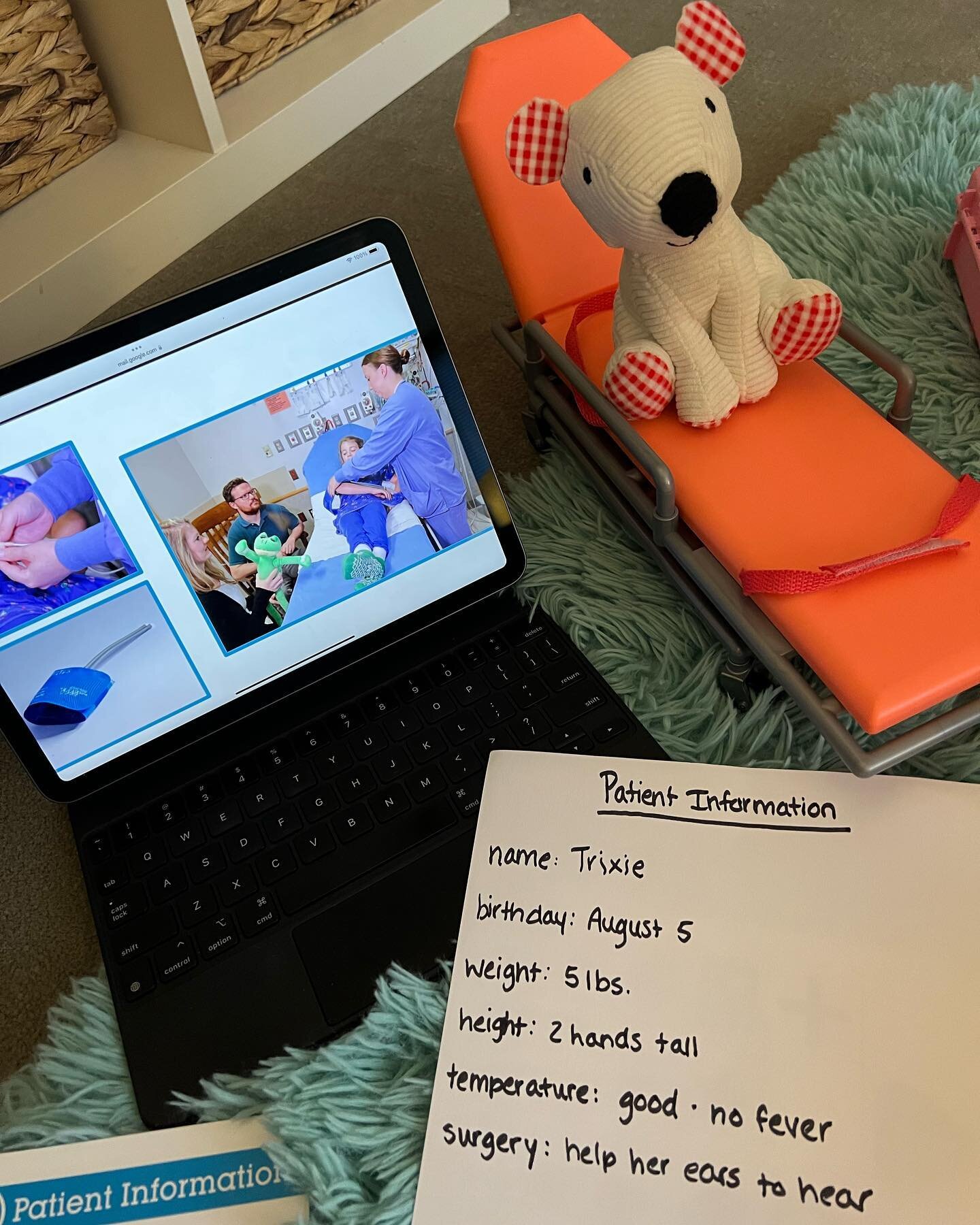 Trixie the Bear learns all about having surgery 🏥 She learned about &ldquo;the fixing room&rdquo;&hellip; the mask for sleepy medicine&hellip; and all of the important patient information the doctors and nurses need to keep her safe! #preparation #c