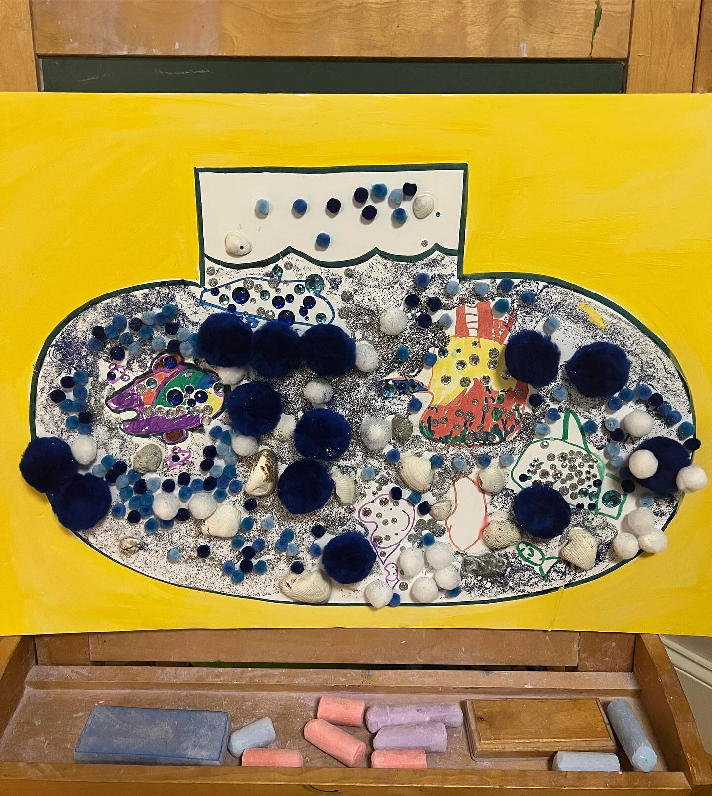 We started with individual fish... that come together in a group... all different with different experiences. Next, We shared our grief story about the special person that died. Following that we created the water and bubbles while sharing all of the