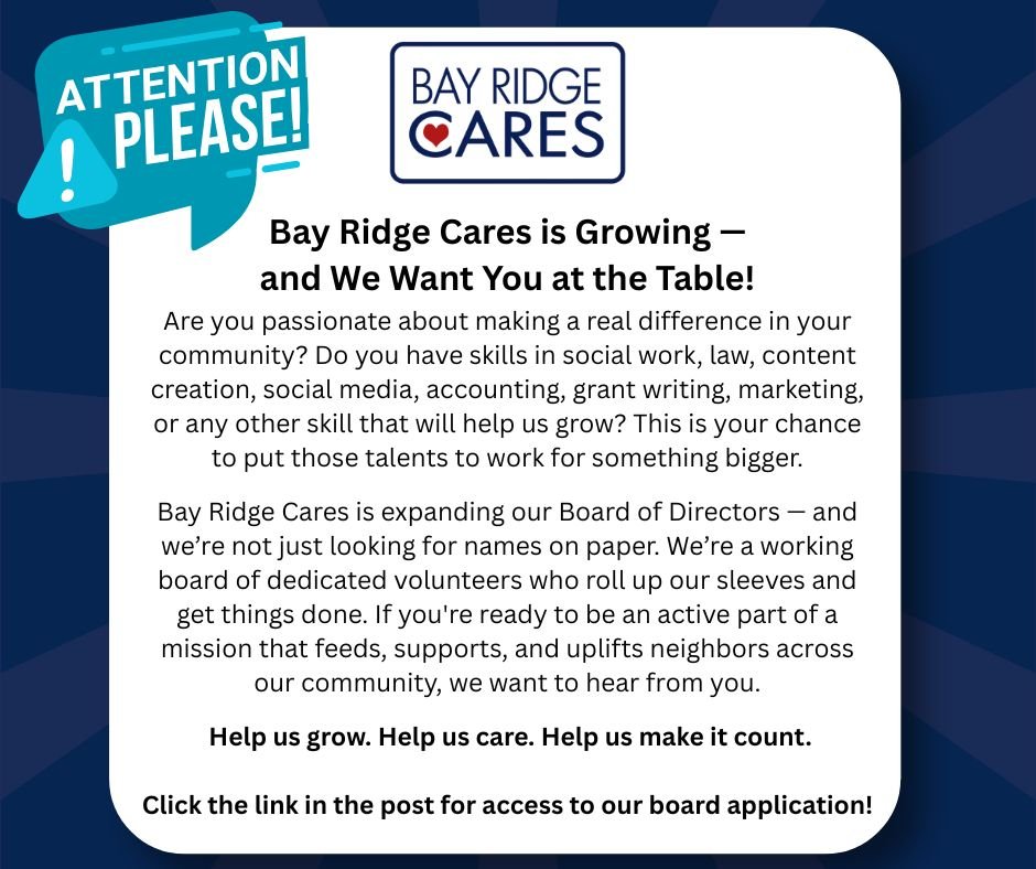 Copy and paste this link to apply: https://www.bayridgecares.org/board-member-application