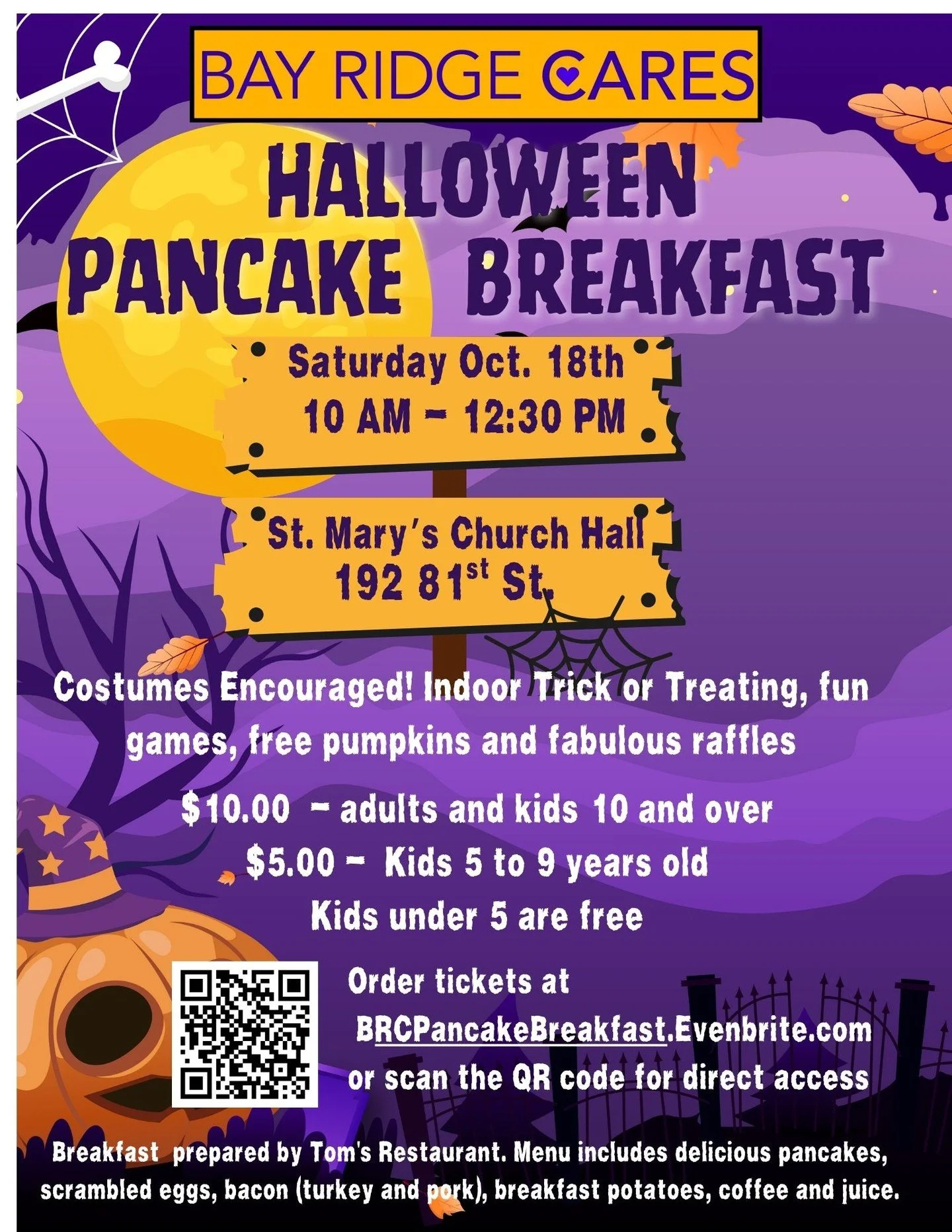 ππ» It’s that spooky-sweet time of year… Bay Ridge Cares’ Annual Halloween Pancake Breakfast is back! π₯β¨
Bring the whole family for a morning of fluffy pancakes, Halloween fun, and community spirit. Costumes encouraged—trea