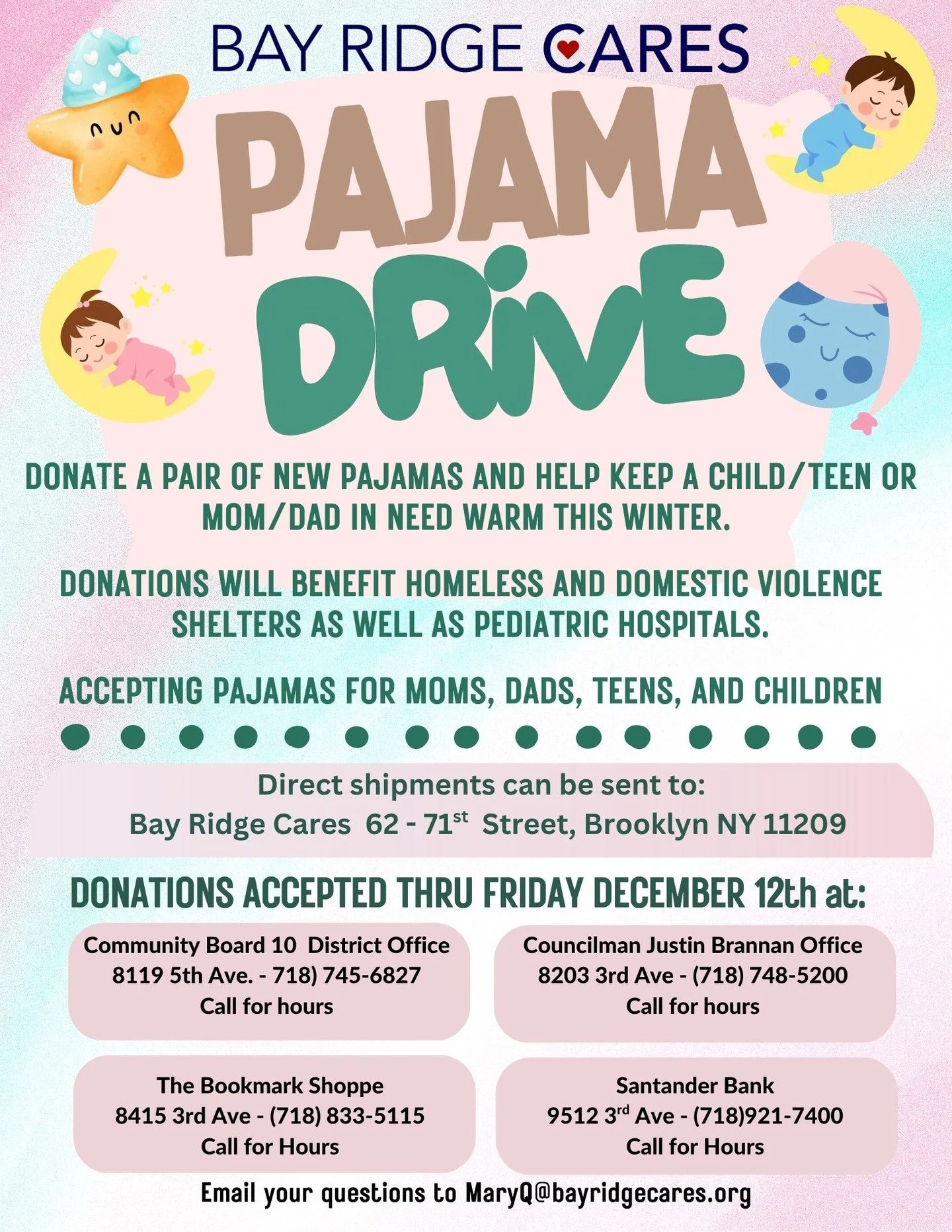 🎉 It&rsquo;s Pajama Drive Season! 🎉
Bay Ridge Cares is officially kicking off our annual Pajama Drive &mdash; and we need YOUR help!

🛏️✨ How you can help:
Donate NEW pajamas in any size &mdash; infant through adult &mdash; and help bring comfort 