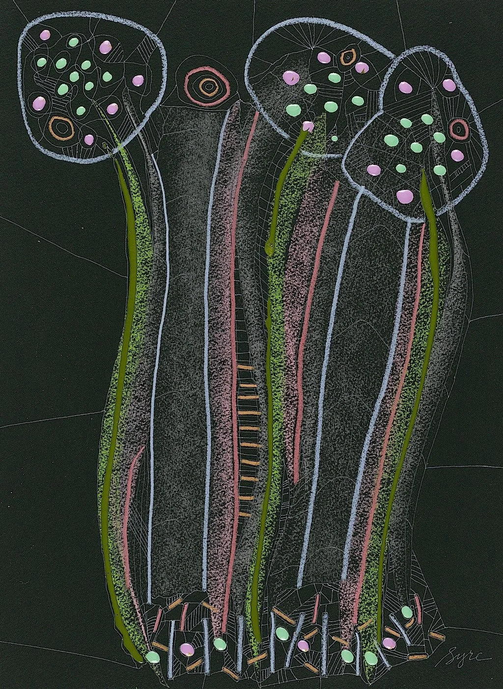  Iris Stigma Crises , 2025, Prisma Crayon, acrylic, ink pen on black paper, 15 x 11 in.