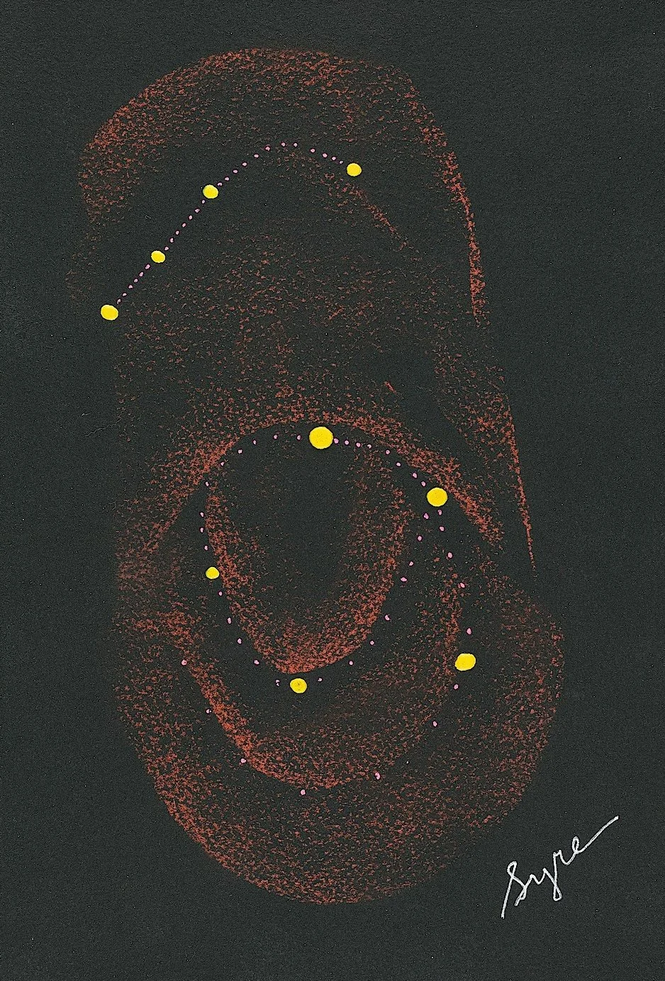 Sweetbush , 2025, Prisma Crayon, acrylics, ink pen on black paper, 11x7.5 in.