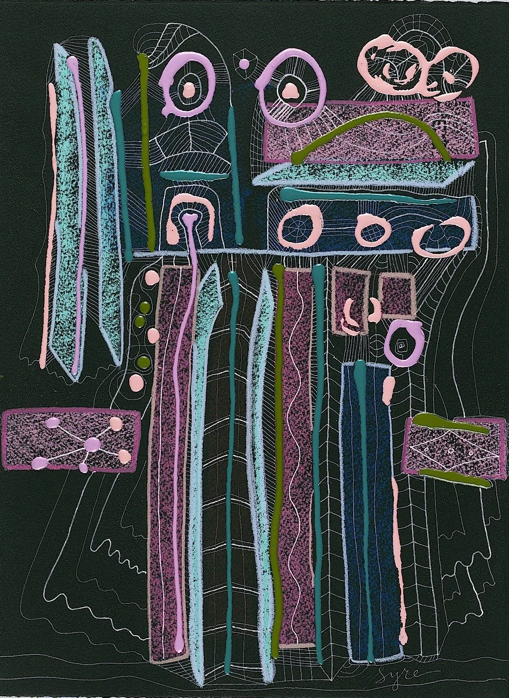  Dress Up , 2025, Prisma Crayon, acrylic, ink pen on black paper, 15 x 11 in.