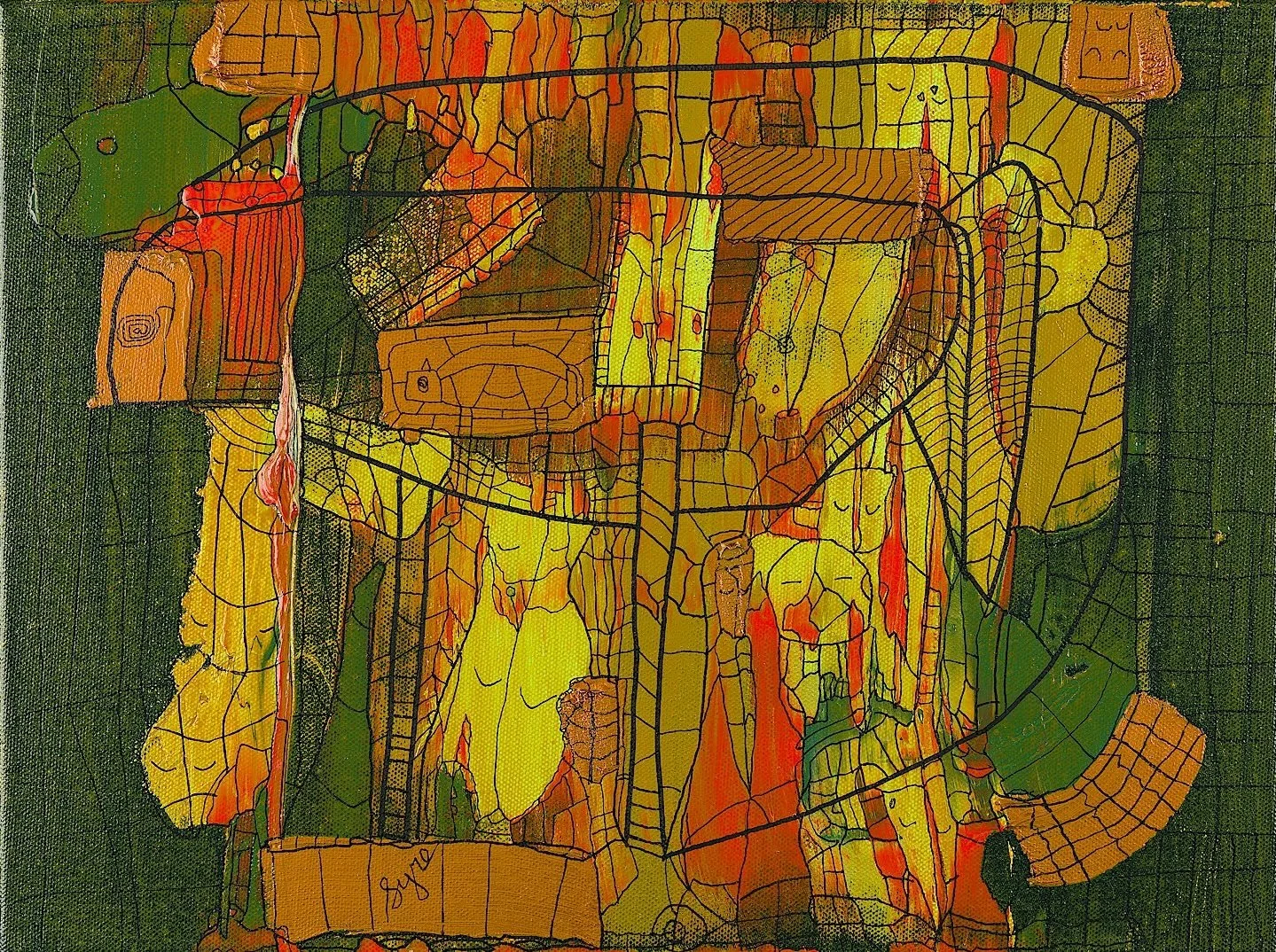 Worship of Pregnant Dinosaur , 2025, Acrylic and ink pen on canvas, 12 x 16 in.