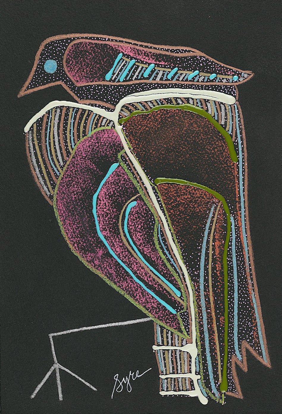 Sabino King Fisher , 2025, Prisma Color, Acrylic, ink pen on black paper, 11 x 7.5 in