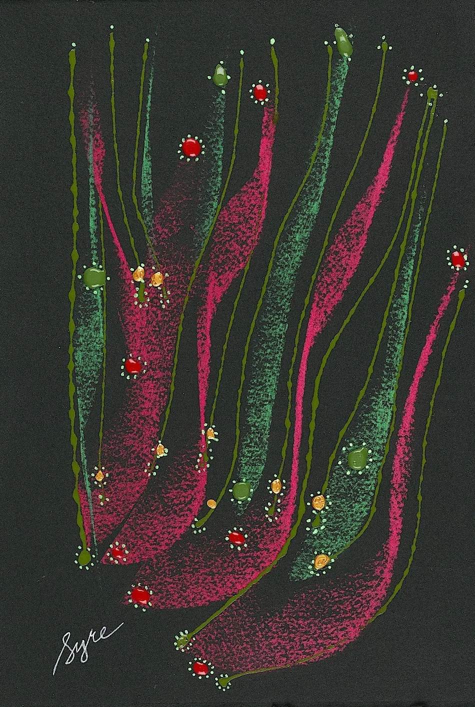 Flower Velvetpod Mimosa , 2025, Prisma Crayon, acrylics, ink pen on black paper, 11x7.5 in.