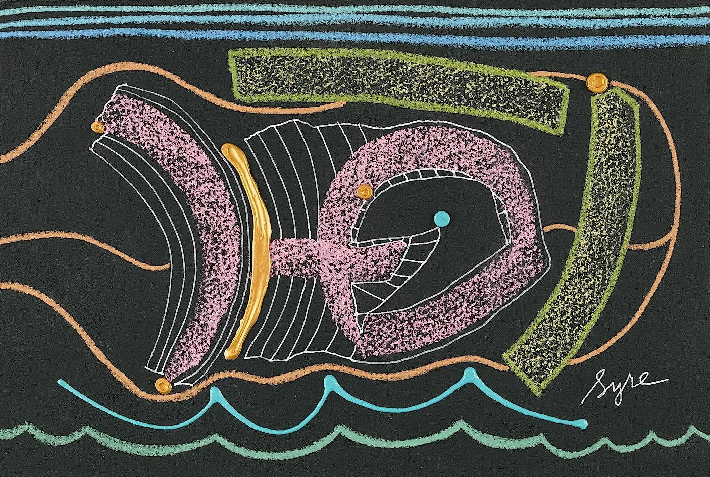 Pink Trout Jump , 2025, Prisma Color, Acrylic, ink pen on black paper, 7.5 x 11 in