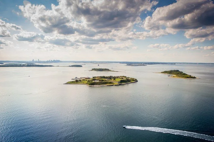 Aerial view of some of Boston's Harbor Islands (available to tour by Peningo Sailing)