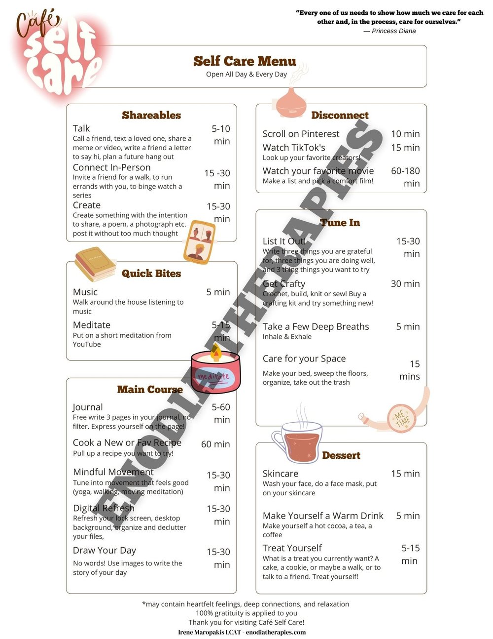 Cafe Self Care Menu Therapy Worksheet PRINTABLE DOWNLOAD — Enodia Therapies Creative Art Therapy Therapy for anxiety, depression, and highly