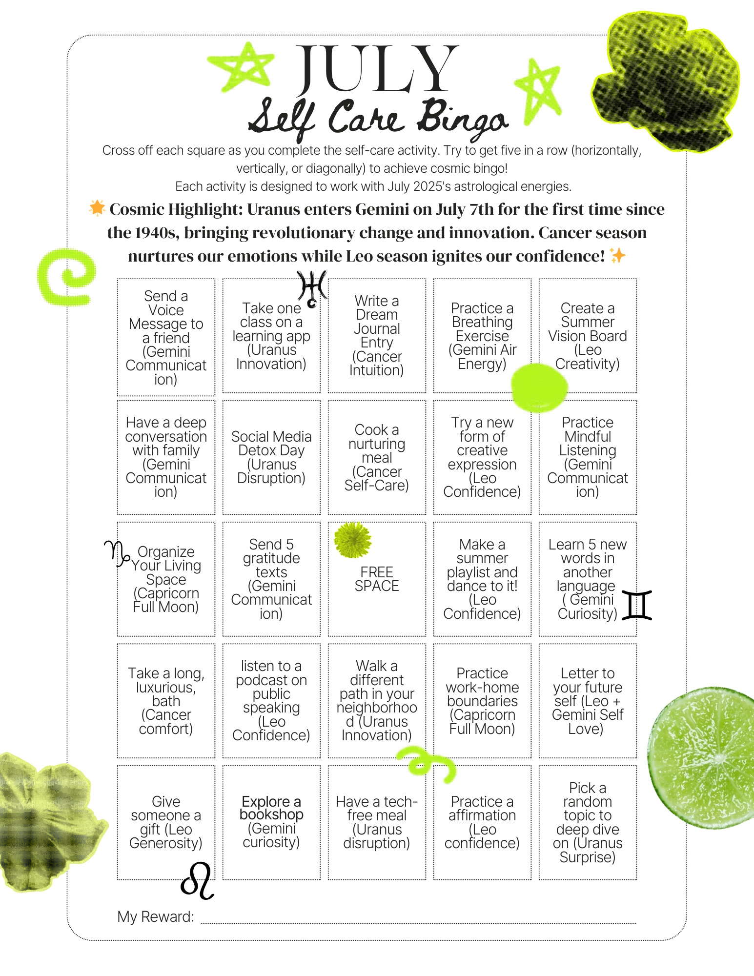 July 2025 Self Care Astro-Bingo Card! FREE DOWNLOAD