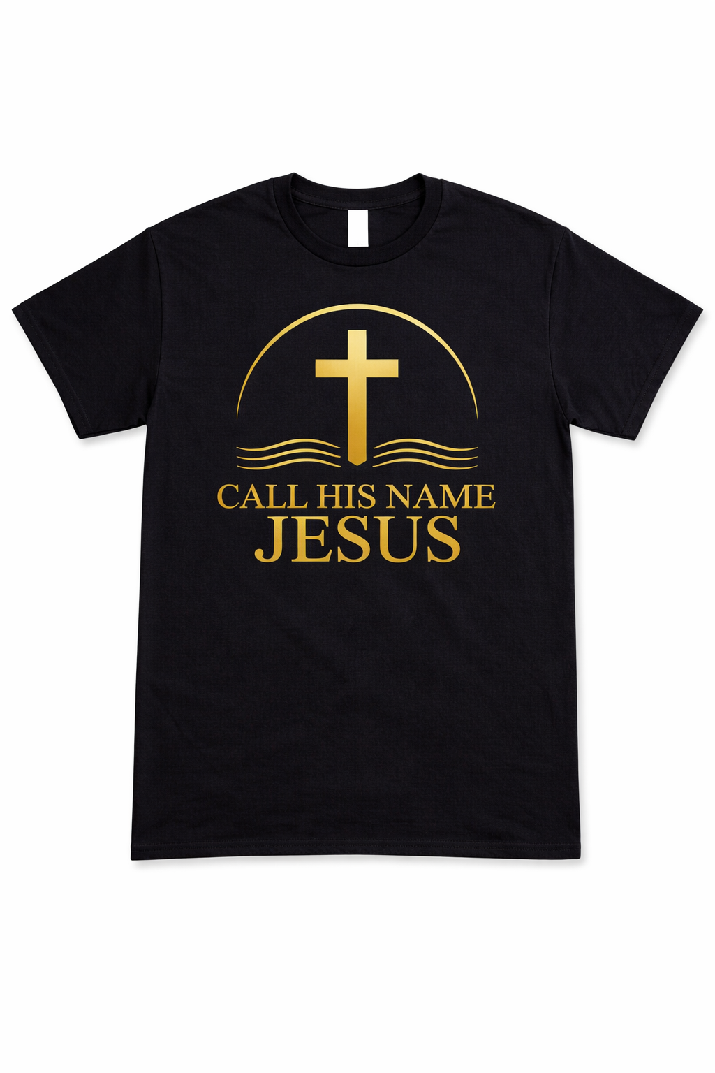 Black “Call His Name Jesus” t-shirt by Michelle Shearer with gold cross design displayed on white background