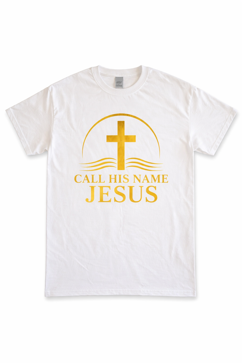 White “Call His Name Jesus” t-shirt by Michelle Shearer with gold cross design displayed on white background