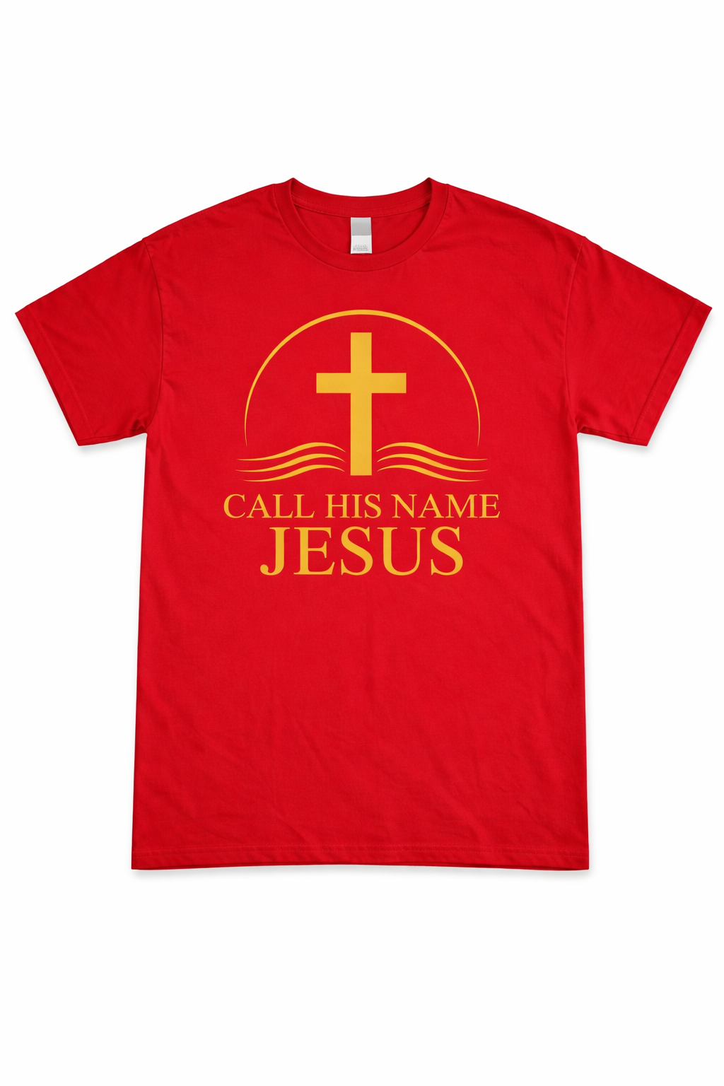 Red “Call His Name Jesus” t-shirt by Michelle Shearer with gold cross design displayed on white background