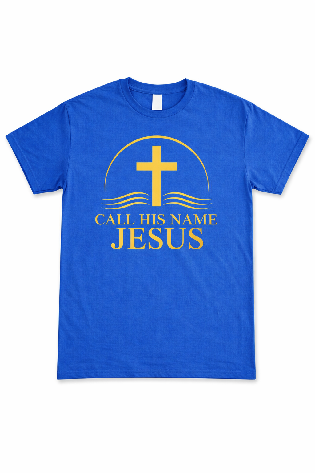 Blue “Call His Name Jesus” t-shirt by Michelle Shearer with gold cross design displayed on white background