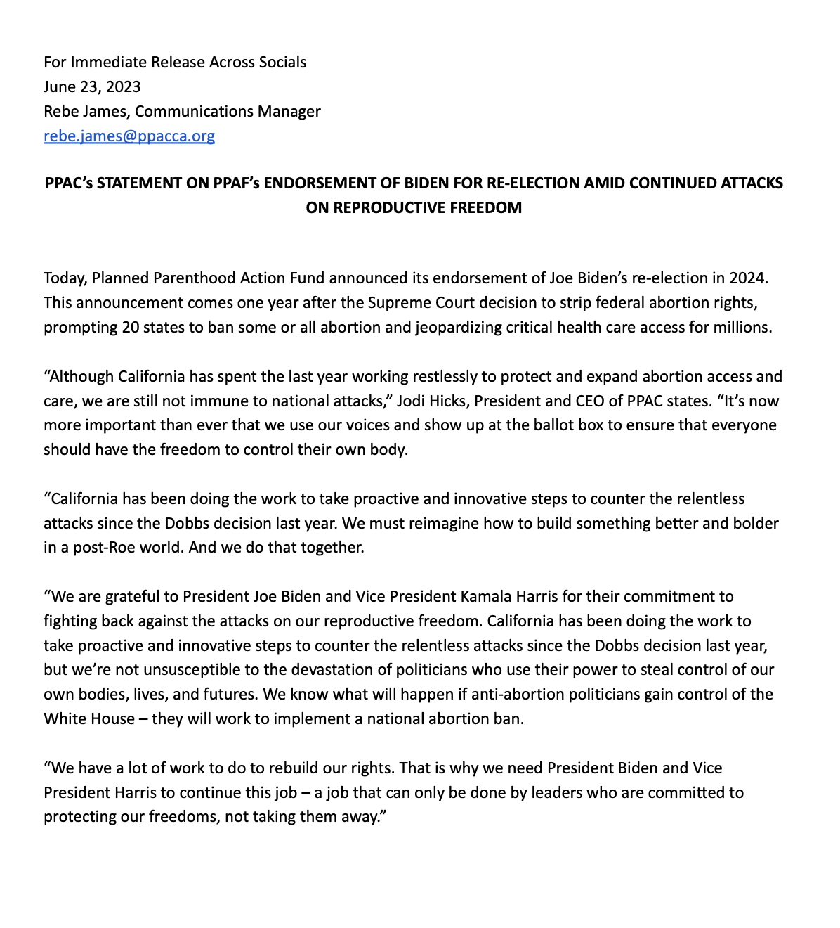 Statement on Joe Biden Endorsement
