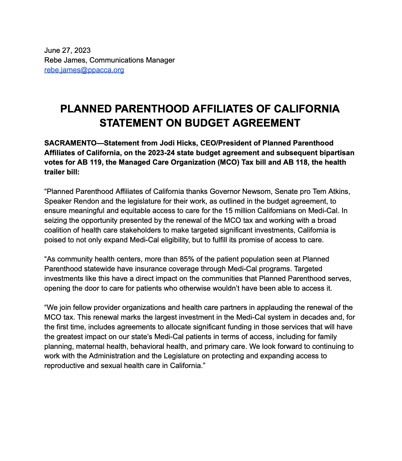 Statement on Budget Agreement