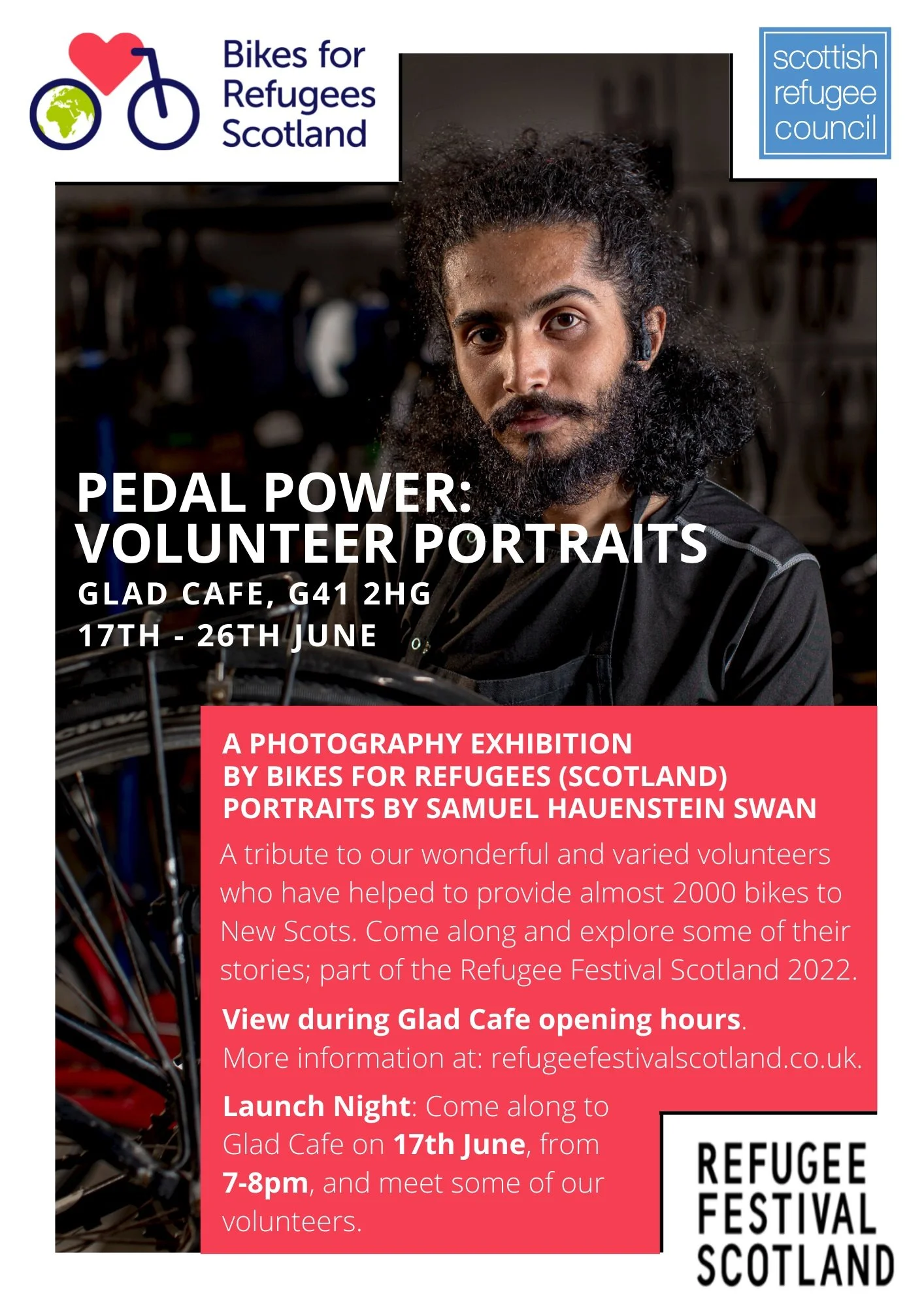      

 
   Celebrating our Volunteers. A Bikes for Refugees Exhibition for the Refugee Festival Scotland 2002.  A Bikes for Refugees Exhibition for the Refugee Festival Scotland 17th - 26th June 2022  Glad Cafe, Pollokshaws Rd. Shawlands Glasgow G41