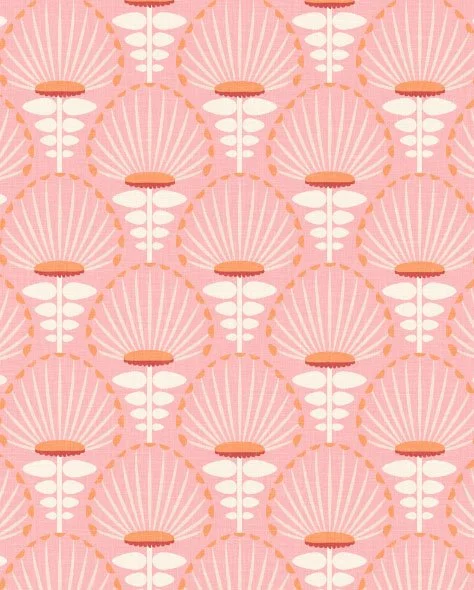 A repeating pattern of stylized pink fans or shells with white and orange accents.