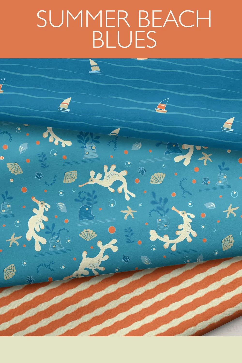 3 patterns on fabric featuring stripes, sailing boats and sea dragons in blues and dusty orange