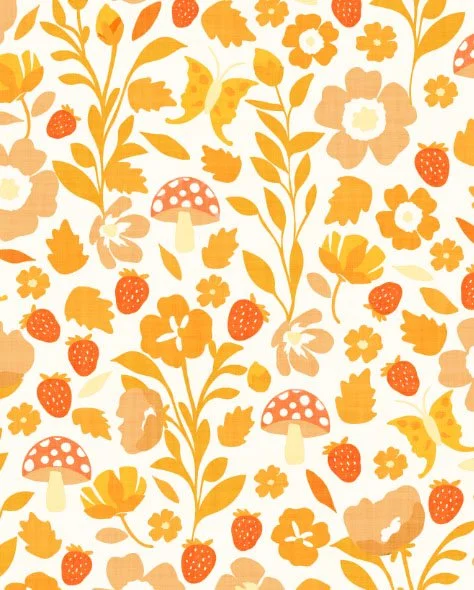 Pattern featuring orange flowers, strawberries, mushrooms, and leaves on a light background.