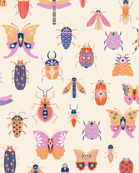 A pattern of colorful illustrated insects including butterflies and beetles on a light background.