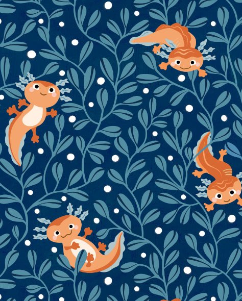 Pattern featuring whimsical orange and cream-colored axolotls with smiling faces, surrounded by blue leaves and white bubbles on a dark blue background.