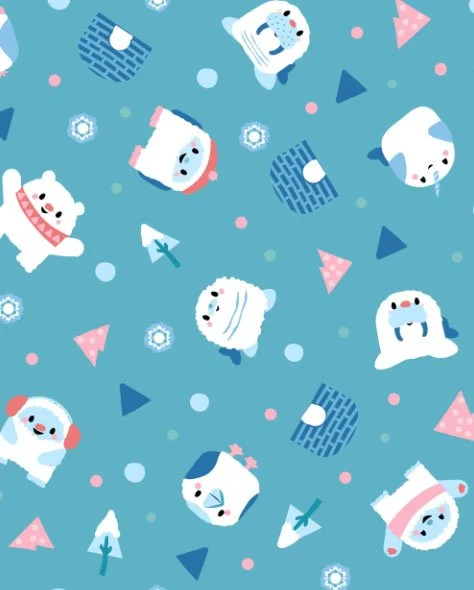 Cute animated polar bears and other arctic animals wearing winter accessories on a blue background decorated with snowflakes and geometric shapes.