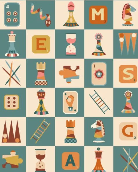 A colorful board game layout featuring various boardl game pieces, dice, ladders, and letter tiles in a geometric retro style