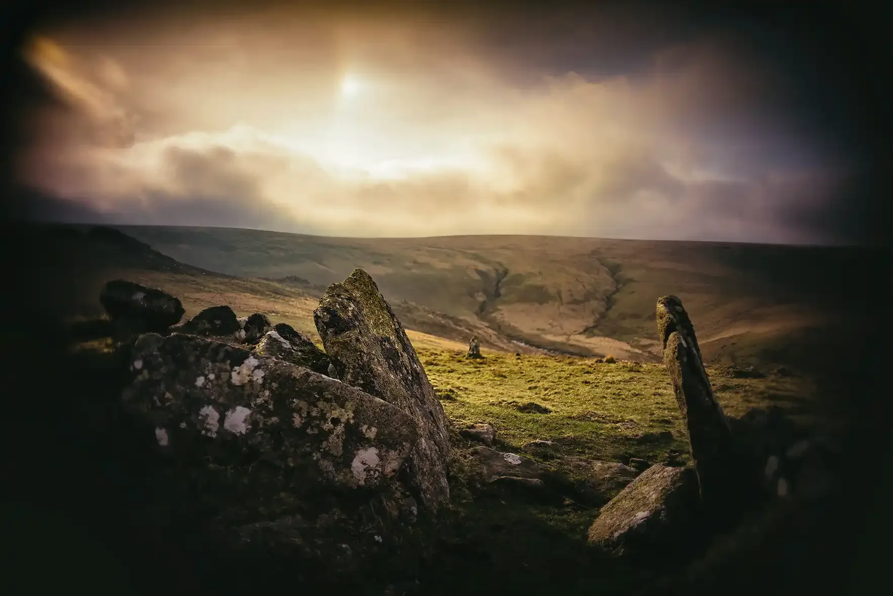 Shot on a Pentax 110 Lens- A Hut Circle over looking Tavy Cleave on Dartmoor - Shot by Glavind Strachan Photographyog