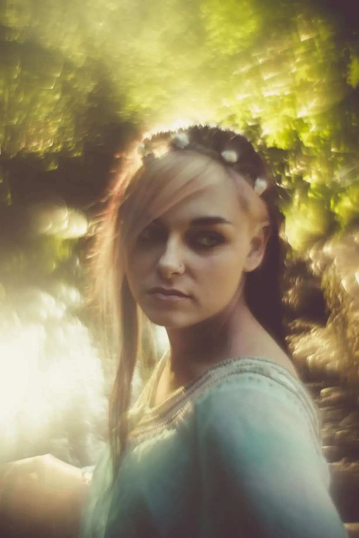 A woman with blonde and dark hair, standing outdoors with sunlight filtering through trees in the background.