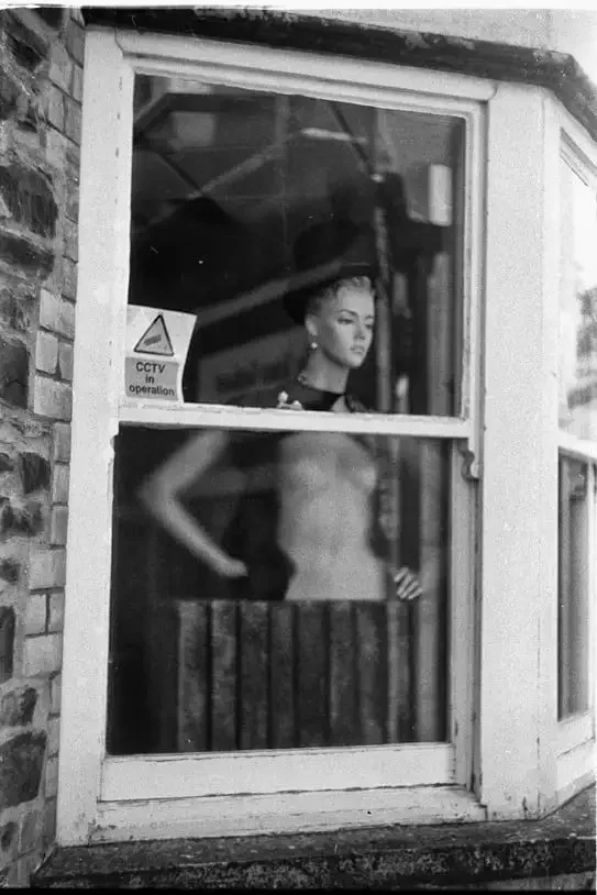Mannequin in a shop window in Okehampton, Devon. Shot on black and white film and home developed and scanned