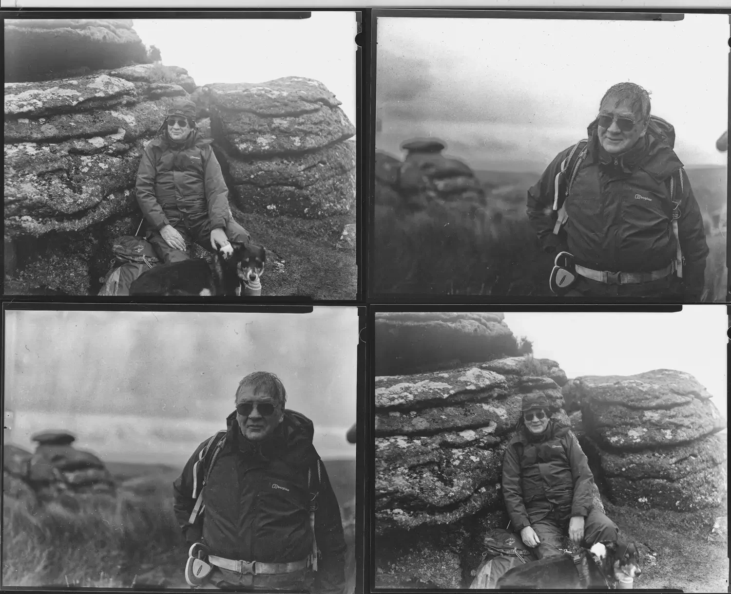 Clive Darke on Shelstone Tor. Four contact prints of images taken with the large format field camera. Film developed and printed by Glavind Strachan Photography