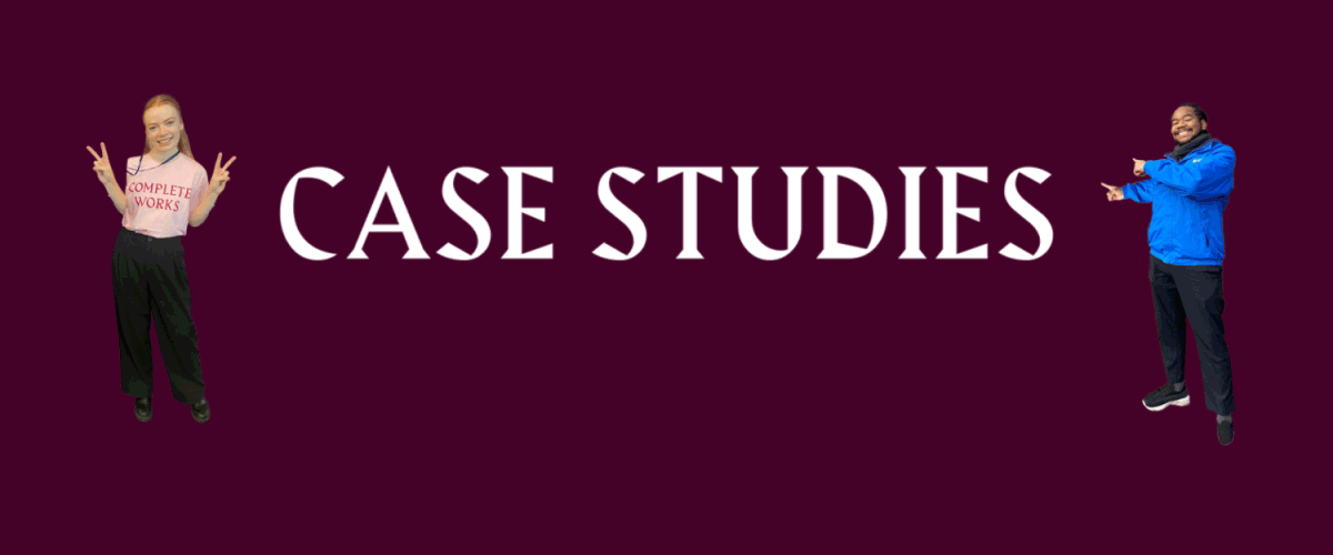 Case Studies Page Header with two pointing members of staff.