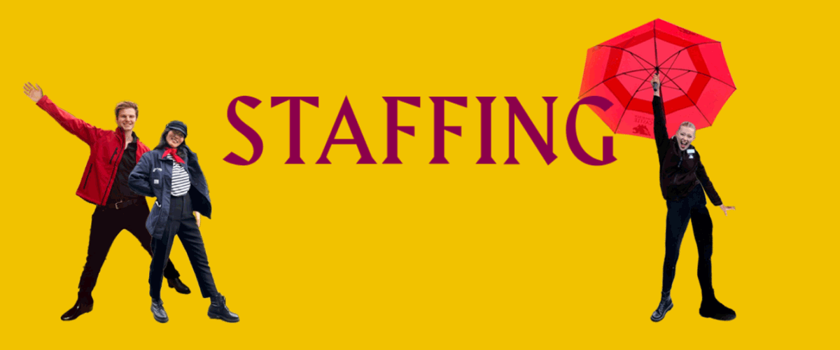 Staffing Header, with three young workers dancing and waving.