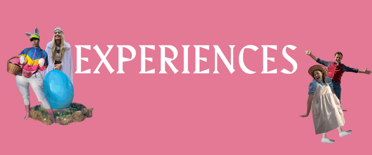 Experiences header, with costumed staff dancing and waving.