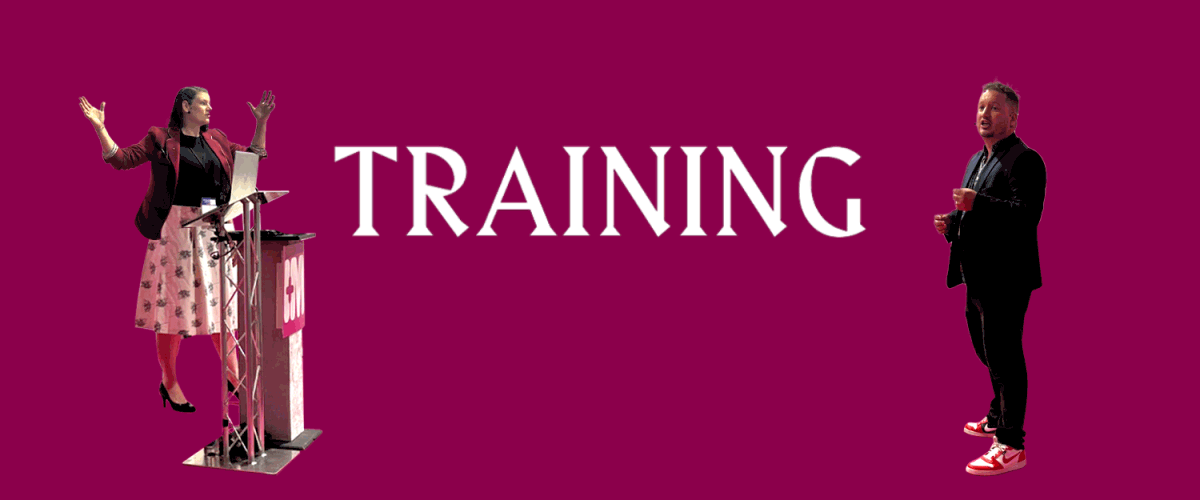 Training page header, displaying two speakers presenting at a conference.