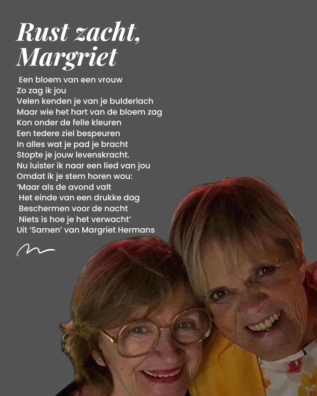 Met haar energieke persoonlijkheid en herkenbare stem groeide ze uit tot een geliefde bekende Vlaming. Naast haar werk in de entertainmentwereld was ze ook actief in de politiek. Margriet Hermans staat bekend om haar enthousiasme, humor en sterke ban