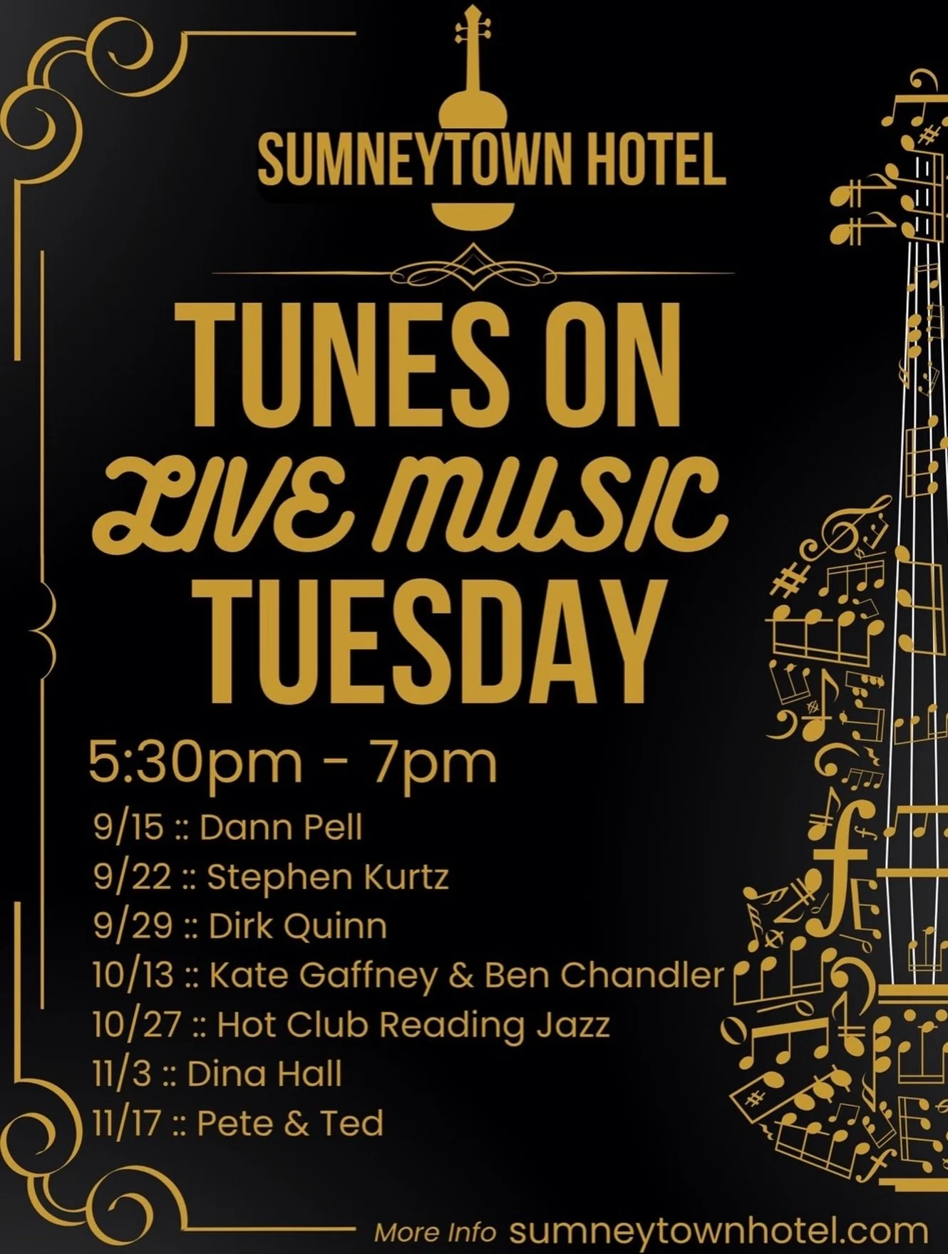 Let&rsquo;s make plans! 🎶 

UPCOMING TUNES ON TUESDAY GUESTS
9/15 :: Dann Pell (folk &amp; fingerpicking) 
9/22 :: Stephen Kurtz (roots rock &amp; blues)
9/29 :: Dirk Quinn (funk &amp; jazz)
10/13 :: Kate Gaffney &amp; Ben Chandler (folk)
10/27 :: H