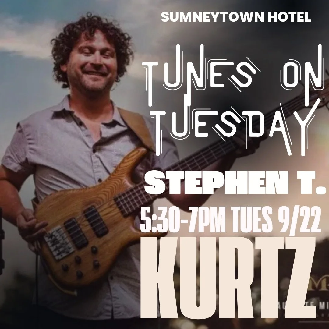 Tunes on Tuesday with Stephen T. Kurtz 🎶
9/22 from 5:30-7pm @sumneytownhotel 
.
.
Born and raised in the suburbs of Philadelphia, Stephen has been a full time musician for the past twenty five years. Mostly self taught, he was fortunate to grow up i