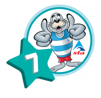 Swim England Learn to Swim badge with purple shark and star.