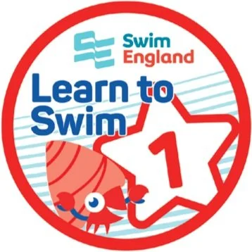 Badge with Swim England logo, "Learn to Swim" text, star with number 1, and cartoon crab.